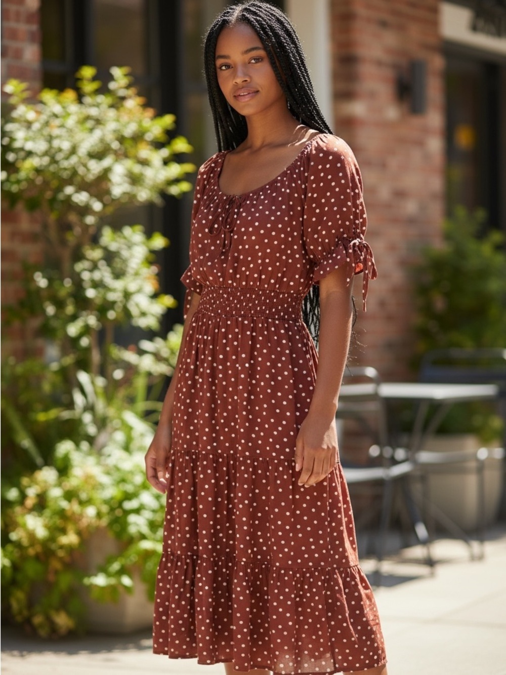 Smocked Brown Polka Dot Maxi Dress with Puff Sleeves
